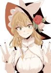  1girl alternate_costume black_headwear black_nails blonde_hair bow closed_mouth fingernails flower green_eyes hands_up hat hat_bow hat_flower kirisame_marisa long_hair looking_at_viewer nail_polish ne_kuro red_flower red_rose rose simple_background slit_pupils smile solo touhou upper_body w white_background white_bow white_flower white_rose witch_hat 