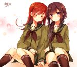  2girls bangs black_hair blunt_bangs brown_hair holding_hands kantai_collection kitakami_(kantai_collection) long_hair multiple_girls ooi_(kantai_collection) school_uniform serafuku smile toosaka_asagi 