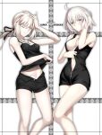 2girls artoria_pendragon_(all) bangs black_dress black_ribbon black_shorts breasts character_name cross cross_necklace dress fate/grand_order fate/stay_night fate_(series) foo_(pixiv54892036) full-length_zipper highres jeanne_d&#039;arc_(alter)_(fate) jeanne_d&#039;arc_(fate)_(all) jet_black_king_of_knights_ver._shinjuku_1999 jewelry large_breasts low_ponytail multiple_girls navel necklace one_eye_closed ribbon saber_alter shirt short_dress short_hair shorts silver_hair sleeveless sleeveless_shirt tsurime white_background wicked_dragon_witch_ver._shinjuku_1999 yellow_eyes zipper 