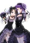  2girls bangs black_bow black_dress black_hair blue_eyes bow breasts choker cleavage closed_mouth collarbone diagonal_bangs dress eyebrows_visible_through_hair flower frills gothic_lolita hair_ornament hiiragi_kei holding idolmaster idolmaster_shiny_colors jewelry lolita_fashion looking_at_viewer medium_breasts medium_hair mitsumine_yuika multiple_girls necklace open_mouth parted_lips purple_eyes purple_hair rose short_hair simple_background small_breasts smile tanaka_mamimi twintails white_background wrist_cuffs 