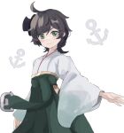  1girl ahoge anchor anchor_symbol bangs black_hair cowboy_shot green_eyes green_hakama hakama hat highres japanese_clothes kantai_collection kimono matsukaze_(kantai_collection) meiji_schoolgirl_uniform mini_hat mini_top_hat short_hair simple_background solo swept_bangs top_hat umi_owl wavy_hair white_background white_kimono 