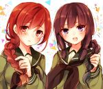  2girls :d alternate_hairstyle black_hair braid brown_eyes brown_hair kantai_collection kitakami_(kantai_collection) long_hair matching_hairstyle multiple_girls ooi_(kantai_collection) open_mouth purple_eyes school_uniform serafuku side_braid smile toosaka_asagi 