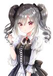  1girl :o absurdres bangs black_bow black_ribbon blush bow breasts dress drill_hair eyebrows_visible_through_hair gothic_lolita grey_hair hair_bow hair_ribbon hand_up highres hiiragi_kei idolmaster idolmaster_cinderella_girls kanzaki_ranko lolita_fashion long_hair looking_at_viewer open_mouth parted_lips red_eyes ribbon simple_background small_breasts solo twin_drills twintails white_background wrist_cuffs 