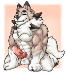  altenusy animal_genitalia animal_penis anthro balls barazoku biceps bodily_fluids canid canine canine_penis claws digital_media_(artwork) erection fur genital_fluids genitals hair knot lycanroc male mammal midday_lycanroc muscular muscular_anthro muscular_male nintendo nude pecs penis pok&eacute;mon pok&eacute;mon_(species) simple_background solo video_games 