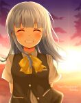  1girl absurdres bangs blue_hair blunt_bangs blush bow bowtie breasts closed_eyes eyebrows_visible_through_hair facing_viewer hatsukaze_(kantai_collection) highres kantai_collection long_hair open_mouth piyobomu sidelocks small_breasts smile solo sunset teeth yellow_bow yellow_neckwear 