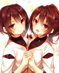  2girls :d brown_eyes brown_hair hair_ribbon highres holding_hands hyuuga_(kantai_collection) interlocked_fingers ise_(kantai_collection) japanese_clothes kantai_collection looking_at_viewer multiple_girls open_mouth ponytail ribbon short_hair smile symmetrical_hand_pose toosaka_asagi 