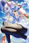  1girl :o absurdres animal_ear_fluff animal_ears armpits arms_up ass bangs bare_shoulders black_gloves black_legwear blue_hair blue_sky bow braid breasts bunny_ears carrot_hair_ornament cloud cloudy_sky commentary day detached_sleeves don-chan_(usada_pekora) dress eyebrows_visible_through_hair feet_out_of_frame food_themed_hair_ornament from_below fur-trimmed_dress fur-trimmed_gloves fur_trim gloves hair_between_eyes hair_bow hair_ornament highres holding hololive long_hair looking_at_viewer looking_down medium_breasts multicolored_hair nousagi_(usada_pekora) outdoors pantyhose parted_lips puffy_short_sleeves puffy_sleeves red_eyes short_eyebrows short_sleeves sky strapless strapless_dress sukocchi thick_eyebrows twin_braids twintails two-tone_hair usada_pekora very_long_hair virtual_youtuber white_bow white_dress white_hair white_sleeves 