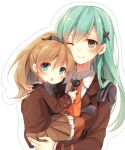  2girls :o ;) aqua_eyes aqua_hair blush brown_hair dotted_line hair_ornament hairclip kantai_collection kumano_(kantai_collection) long_hair looking_at_viewer multiple_girls one_eye_closed playing_with_another&#039;s_hair ponytail simple_background smile suzuya_(kantai_collection) time_paradox toosaka_asagi white_background younger 