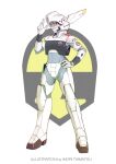  1girl armor artist_name av-98_ingram av-98_ingram_(cosplay) brown_hair cosplay gloves grey_eyes hand_on_hip highres inori_taimatsu izumi_noa kidou_keisatsu_patlabor mecha_musume pointing pointing_up power_armor science_fiction smile solo standing visor white_gloves 