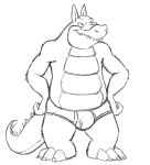  activision anthro barefoot black_and_white briefs bulge claws clothed clothing crash_bandicoot_(series) dingodile hands_on_hips male monochrome simple_background sketch solo teeth_showing thegreatmatsutzu topless underwear video_games white_background 