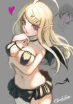  1girl ahoge akamatsu_kaede arm_under_breasts black_bra black_choker black_nails black_skirt blonde_hair blood bra breasts choker collarbone commentary_request cowboy_shot danganronpa_(series) danganronpa_v3:_killing_harmony demon_girl demon_tail demon_wings detached_tail earrings fang hair_ornament hairclip hand_on_own_chin hands_up heart jewelry large_breasts long_hair looking_at_viewer musical_note_hair_ornament navel nosebleed nyuukazai open_mouth pink_blood pink_eyes pointy_ears saihara_shuuichi simple_background skirt solo_focus swimsuit tail underwear wings 