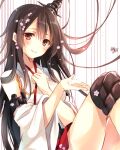  1girl bare_shoulders black_hair breasts detached_sleeves flower fusou_(kantai_collection) hair_flower hair_ornament japanese_clothes kantai_collection long_hair looking_at_viewer medium_breasts nontraditional_miko red_eyes smile solo toosaka_asagi 