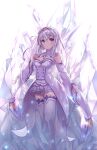  1girl :o absurdres bangs blush braid breasts cleavage dress emilia_(re:zero) eunip eyebrows_visible_through_hair feet_out_of_frame flower frills gem hair_flower hair_ornament hair_ribbon hand_on_own_chest highres ice ice_crystal long_hair long_sleeves looking_at_viewer low-tied_long_hair medium_breasts miniskirt open_mouth pleated_skirt purple_eyes re:zero_kara_hajimeru_isekai_seikatsu ribbon sidelocks silver_hair simple_background skirt solo standing thighhighs white_background white_dress white_legwear wide_sleeves zettai_ryouiki 