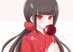  1girl 8takenokonosato8 bangs black_hair blunt_bangs blush candy_apple closed_mouth danganronpa_(series) danganronpa_v3:_killing_harmony eyebrows_visible_through_hair floral_print food frown hair_ornament hair_scrunchie hairclip hands_up harukawa_maki holding japanese_clothes kimono long_hair looking_at_viewer low_twintails portrait print_kimono red_eyes red_kimono red_scrunchie scrunchie simple_background smile solo twintails white_background yukata 