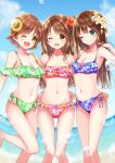  3girls ;d absurdres armpits bare_shoulders bikini blue_bikini breasts brown_eyes brown_hair bubble cleavage closed_mouth cloud collarbone eyebrows_visible_through_hair flower frilled_bikini frills green_bikini green_eyes hair_flower hair_ornament hand_on_hip hand_up highres hiiragi_kei honda_mio idolmaster idolmaster_cinderella_girls leg_up long_hair medium_breasts multiple_girls navel off_shoulder one_eye_closed open_mouth pink_bikini shibuya_rin shimamura_uzuki short_hair sky small_breasts smile stomach swimsuit swimwear water yellow_eyes 