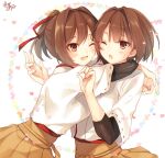  2girls :d ;o brown_eyes brown_hair hug hyuuga_(kantai_collection) ise_(kantai_collection) japanese_clothes kantai_collection long_hair multiple_girls one_eye_closed open_mouth ponytail short_hair signature smile toosaka_asagi 