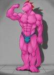  2014 abs anthro bicep_curl biceps bulge claws clothing colored dragon flexing front_view geng head_turned looking_at_viewer male muscular muscular_anthro muscular_male muscular_thighs navel nipples pattern_clothing pattern_underwear pecs pink_body pink_scales raised_arm scales shaded shadow solo spines standing striped_clothing striped_underwear stripes tarou thong tile_floor toe_claws underwear 