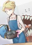  1boy apron bangs barbaracle blonde_hair blue_apron blue_eyes buttons character_print clawitzer claydol closed_mouth collared_shirt commentary_request gen_3_pokemon gen_6_pokemon highres holding looking_back male_focus mikanbako_(aitatadon3) mittens pokemon pokemon_(creature) pokemon_(game) pokemon_xy pot shirt short_hair siebold_(pokemon) sleeves_rolled_up standing swept_bangs 