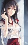  1girl akagi_(kantai_collection) black_hair brown_eyes highres japanese_clothes kantai_collection long_hair looking_at_viewer no_armor parted_lips see-through signature sketch solo tasuki toosaka_asagi wet 