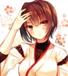  1girl bangs blush brown_hair closed_mouth eyebrows_visible_through_hair flying_sweatdrops hand_up hyuuga_(kantai_collection) kantai_collection looking_at_viewer medium_hair red_eyes solo toosaka_asagi upper_body 