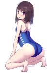  1girl barefoot black_hair blue_swimsuit bosshi commentary_request competition_school_swimsuit from_behind highres kneeling original purple_eyes school_swimsuit short_hair simple_background solo swimsuit twitter_username white_background 