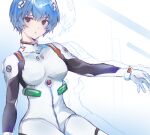  1girl ayanami_rei bangs blue_background blue_hair bodysuit breasts closed_mouth eyebrows_visible_through_hair gradient gradient_background hair_between_eyes headpiece heremia highres neon_genesis_evangelion outstretched_arm plugsuit red_eyes short_hair sitting small_breasts solo white_background white_bodysuit 