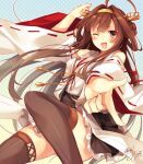  1girl ahoge bare_shoulders boots brown_hair brown_legwear detached_sleeves double_bun hair_ornament hairband headgear japanese_clothes kantai_collection kongou_(kantai_collection) long_hair looking_at_viewer nontraditional_miko one_eye_closed open_mouth outstretched_hand pleated_skirt ribbon_trim signature skirt smile solo thigh_boots thighhighs toosaka_asagi zettai_ryouiki 