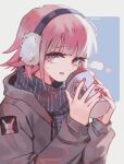  1girl alternate_costume artist_name bangs blue_background blunt_bangs character_print commentary cup danganronpa_(series) danganronpa_2:_goodbye_despair disposable_cup highres holding holding_cup jacket long_sleeves looking_at_viewer monokuma monomi_(danganronpa) nanami_chiaki open_mouth pink_eyes pink_hair pink_nails remonoart scarf short_hair sideways_glance solo starbucks striped striped_scarf upper_body white_background 