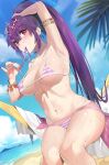  1girl arm_up armlet armpits bangs bikini bikini_bottom bikini_top blue_sky blush bracelet cloud collarbone covered_nipples damda day dutch_angle eyebrows_visible_through_hair fate/grand_order fate_(series) feet_out_of_frame fingernails hair_between_eyes high_ponytail jewelry long_fingernails long_hair looking_at_viewer micro_bikini mouth_hold nail_polish navel ocean outdoors palm_tree pink_nails ponytail red_eyes ribbon sarong scathach_(fate)_(all) scathach_(fate/grand_order) sidelocks sitting sky solo stomach striped striped_bikini swimsuit symbol_commentary tree tying_hair uncensored very_long_hair wet 