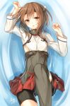  1girl bike_shorts brown_eyes brown_hair headband highres kantai_collection looking_at_viewer lying parted_lips pleated_skirt short_hair signature sketch skirt solo taihou_(kantai_collection) toosaka_asagi 