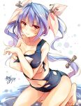  1girl :&gt; blue_hair gradient_hair i-19_(kantai_collection) kantai_collection long_hair looking_at_viewer multicolored_hair one-piece_swimsuit pink_hair red_eyes school_swimsuit signature solo swimsuit toosaka_asagi torn_clothes torn_swimsuit twintails 