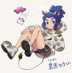  1boy alternate_hair_color bike_shorts blue_hair boots bottle clenched_teeth commentary_request fake_ears fake_tail hairband hand_in_pocket hau_(pokemon) hood hood_down hoodie knees long_hair looking_at_viewer male_focus mikanbako_(aitatadon3) milk milk_bottle moomoo_milk pokemon pokemon_(game) pokemon_sm purple_eyes smile solo tail teeth translation_request 