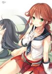  2girls agano_(kantai_collection) black_hair braid breasts brown_hair closed_eyes finger_to_mouth gloves green_eyes highres kantai_collection large_breasts long_hair looking_at_viewer lying miniskirt multiple_girls navel noshiro_(kantai_collection) pleated_skirt school_uniform serafuku signature simple_background sitting sketch skirt sleeping toosaka_asagi twin_braids white_background white_gloves 