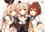  3girls :d amatsukaze_(kantai_collection) black_panties blonde_hair blush brown_eyes brown_hair dress elbow_gloves girl_sandwich gloves grin hand_on_another&#039;s_shoulder kantai_collection long_hair looking_at_viewer midriff multiple_girls open_mouth outstretched_hand panties sailor_dress sandwiched school_uniform serafuku shimakaze_(kantai_collection) short_hair signature silver_hair simple_background smile striped striped_background thighhighs toosaka_asagi two_side_up underwear v vertical_stripes white_background yukikaze_(kantai_collection) 