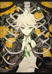  1boy bangs brown_jacket commentary_request danganronpa_(series) danganronpa_2:_goodbye_despair flower green_eyes highres holding holding_flower hood jacket komaeda_nagito kuma_no_(y6lnv) letterboxed long_sleeves looking_at_viewer male_focus medium_hair navel open_clothes open_jacket orange_flower shirt skeleton smile solo stomach upper_body white_hair 