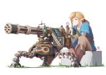  1boy ancient_set_(zelda) automatic_giraffe blonde_hair blue_eyes gatling_gun gun link pointy_ears sitting smile the_legend_of_zelda the_legend_of_zelda:_breath_of_the_wild tripod weapon 