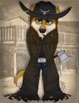  anthro aussie axe bundadingy bundy canid canine canis chibi clothing cowboy dingo goth hat hatchet headgear headwear hi_res male mammal melee_weapon solo thehuntingwolf weapon western 