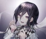  1boy :d bandages bandaid bandaid_on_face bangs black_hair checkered checkered_scarf commentary_request danganronpa_(series) danganronpa_v3:_killing_harmony goto_(sep) gradient gradient_background grey_background grey_jacket hair_between_eyes hands_up highres holding holding_bandages jacket light_particles long_sleeves looking_at_viewer male_focus open_mouth ouma_kokichi pale_skin purple_eyes purple_hair sad_smile scarf shiny shiny_hair short_hair smile solo teeth upper_body upper_teeth white_jacket 