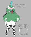  big_breasts bodily_fluids breasts choker cow_costume embarrassed english_text eyewear female gallade glasses huge_breasts hyper hyper_breasts jewelry lactating milk necklace nintendo pok&eacute;mon pok&eacute;mon_(species) shewiff solo text vera_(shewiff) video_games 