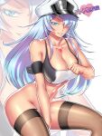  1girl akame_ga_kill! aqua_eyes armband artist_name blue_hair bottomless breasts chest_tattoo cleavage cleavage_reach collarbone commentary convenient_leg english_commentary esdeath h-mune hair_over_one_eye hat invisible_chair large_breasts long_hair looking_at_viewer peaked_cap sheer_legwear shiny shiny_skin sitting solo swimsuit tan tankini tattoo thighhighs toned topless zoom_layer 