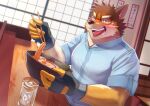  absurd_res anthro barrel_(live-a-hero) blush canid canine canis chopsticks clothing detailed_background eating fingerless_gloves food gloves handwear hi_res live-a-hero male mammal manadezimon noodles ramen solo wolf 