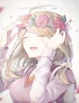  1girl :d ahoge akamatsu_kaede backpack bag bangs blonde_hair breasts closed_eyes collared_shirt commentary_request danganronpa_(series) danganronpa_v3:_killing_harmony dated eyebrows_visible_through_hair flower flower_wreath goto_(sep) hair_flower hair_ornament hands_up happy_birthday head_wreath large_breasts long_hair long_sleeves musical_note_hair_ornament neckwear open_mouth orange_neckwear pink_flower pink_rose pink_vest randoseru red_flower red_rose rose shirt smile solo sweater upper_body vest 