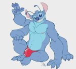  abs alien anthro blue_body blue_fur bulge clothing disney dragondrawer experiment_(lilo_and_stitch) fur grin hi_res lilo_and_stitch male muscular muscular_anthro muscular_male navel nipples pecs simple_background smile solo speedo stitch_(lilo_and_stitch) swimwear white_background 