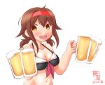  1girl adapted_costume alcohol alternate_costume artist_logo beer beer_mug bikini black_bikini breasts brown_eyes cup dated drinking_glass eyebrows_visible_through_hair hairband highres holding holding_cup kanon_(kurogane_knights) kantai_collection long_hair looking_at_viewer low_twintails medium_breasts medium_hair mug navel official_alternate_costume open_mouth orange_eyes orange_hairband red_hairband sailor_bikini sailor_collar shiratsuyu_(kantai_collection) short_twintails signature smile solo swimsuit twintails upper_body white_background 