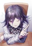  1boy arm_rest bangs black_hair chair checkered checkered_neckwear checkered_scarf commentary_request danganronpa_(series) danganronpa_v3:_killing_harmony eyebrows_visible_through_hair from_above goto_(sep) gradient gradient_background gradient_hair grey_background hair_between_eyes highres index_finger_raised jacket long_sleeves looking_at_viewer male_focus multicolored_hair notice_lines one_eye_closed open_mouth ouma_kokichi purple_eyes purple_hair scarf shiny shiny_hair sitting smile solo table two-tone_hair upper_body white_jacket wooden_chair wooden_table 