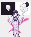  1boy balloon bangs black_background black_hair checkered checkered_neckwear checkered_scarf closed_mouth commentary_request cross danganronpa_(series) danganronpa_v3:_killing_harmony double-breasted feet_out_of_frame flipped_hair goto_(sep) grey_background hair_between_eyes hands_up highres holding jacket long_sleeves looking_at_viewer male_focus ouma_kokichi pants pink_blood purple_eyes purple_hair scarf short_hair smile solo standing straitjacket white_background white_jacket white_pants 