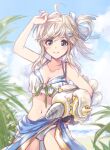  1girl ahoge alternate_hairstyle arm_up bangs beach bikini blue_eyes blue_ribbon blue_sarong blue_sky blurry blurry_background closed_mouth cloud cloudy_sky commentary_request cowboy_shot cucouroux_(granblue_fantasy) depth_of_field eyebrows_visible_through_hair granblue_fantasy hair_ornament hair_ribbon hair_up highres holding horizon inflatable_toy kuroi_mimei light_brown_hair looking_at_viewer medium_hair navel one_side_up outdoors plant ribbon sarong sky smile solo standing swimsuit v white_bikini 