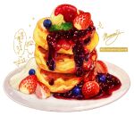  blueberry food food_focus fruit highres jam momiji_mao no_humans original pancake pastry plate signature simple_background stack_of_pancakes still_life strawberry translation_request white_background 