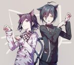  2boys ahoge animal_ears animal_print bangs black_hair black_jacket black_pants brown_eyes cat_boy cat_ears cat_print cat_tail checkered checkered_scarf closed_mouth commentary_request cowboy_shot danganronpa_(series) danganronpa_v3:_killing_harmony double-breasted extra_ears goto_(sep) grey_background highres jacket kemonomimi_mode long_arms long_sleeves looking_at_viewer looking_to_the_side male_focus multiple_boys one_eye_closed open_mouth ouma_kokichi pale_skin pants paw_pose purple_eyes saihara_shuuichi scarf short_hair smile straitjacket striped_jacket sweatdrop tail white_jacket 