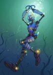  2021 absurd_res armor bionicle biped blue_background blue_body bubble digital_drawing_(artwork) digital_media_(artwork) female fish gali green_background hambonous hi_res hook hook_hand humanoid kelp lego living_machine machine marine mask melee_weapon mouthless not_furry outside robot simple_background swimming toa underwater water weapon yellow_eyes 